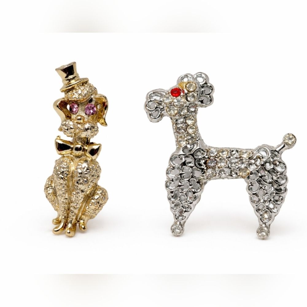 Vintage Poodle Brooch Pair Rhinestone Dog Pins Gold Silver Figural Grandmacore - Picture 1 of 11